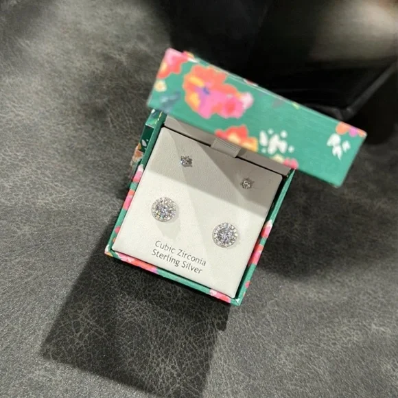 Cubic Zirconia Halo Stud Earrings, Nanette Lepore, Sterling Silver, NEW in Box - Picture 5 of 8